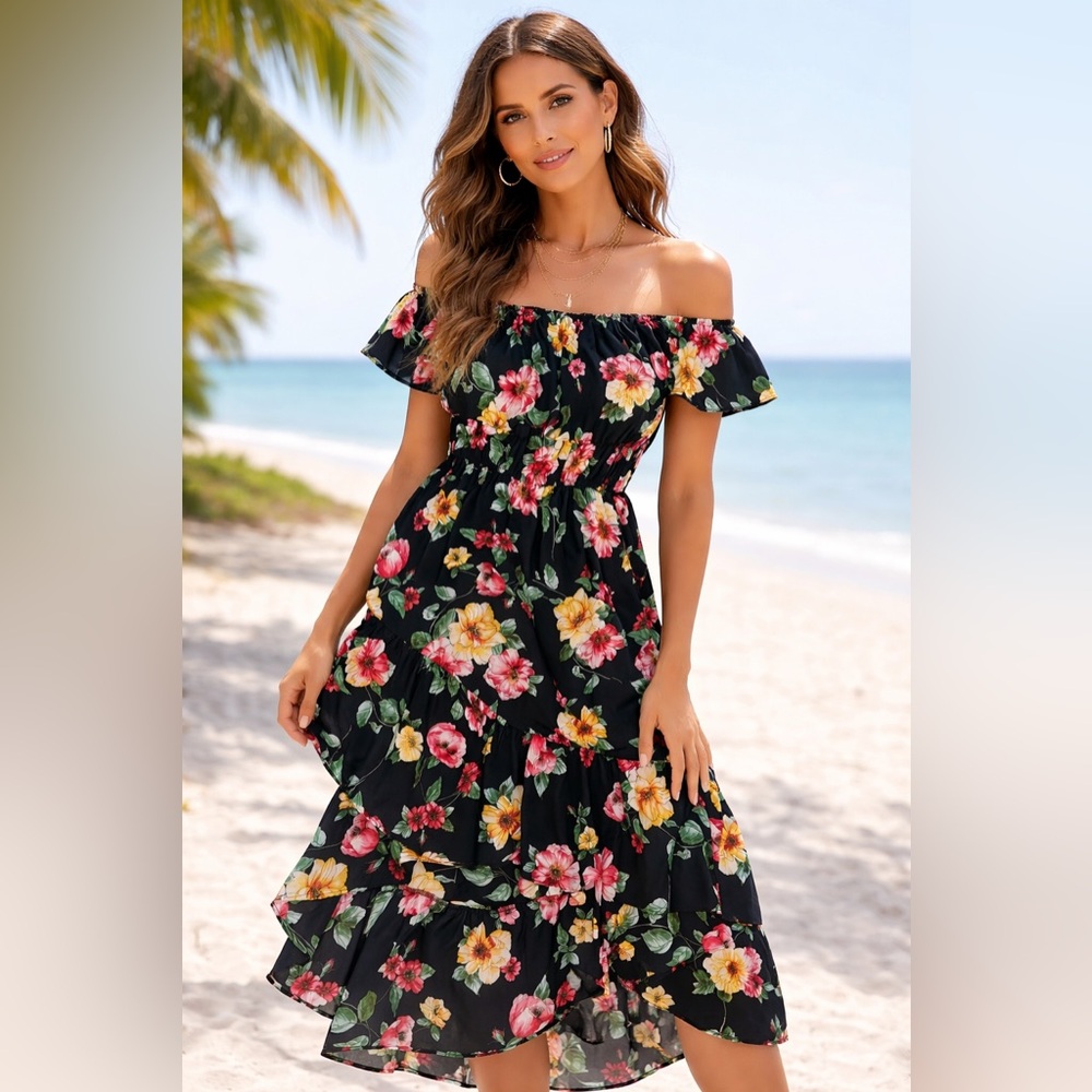 Beautiful Floral Off-Shoulder Dress – Size Large (Fits Like Medium)